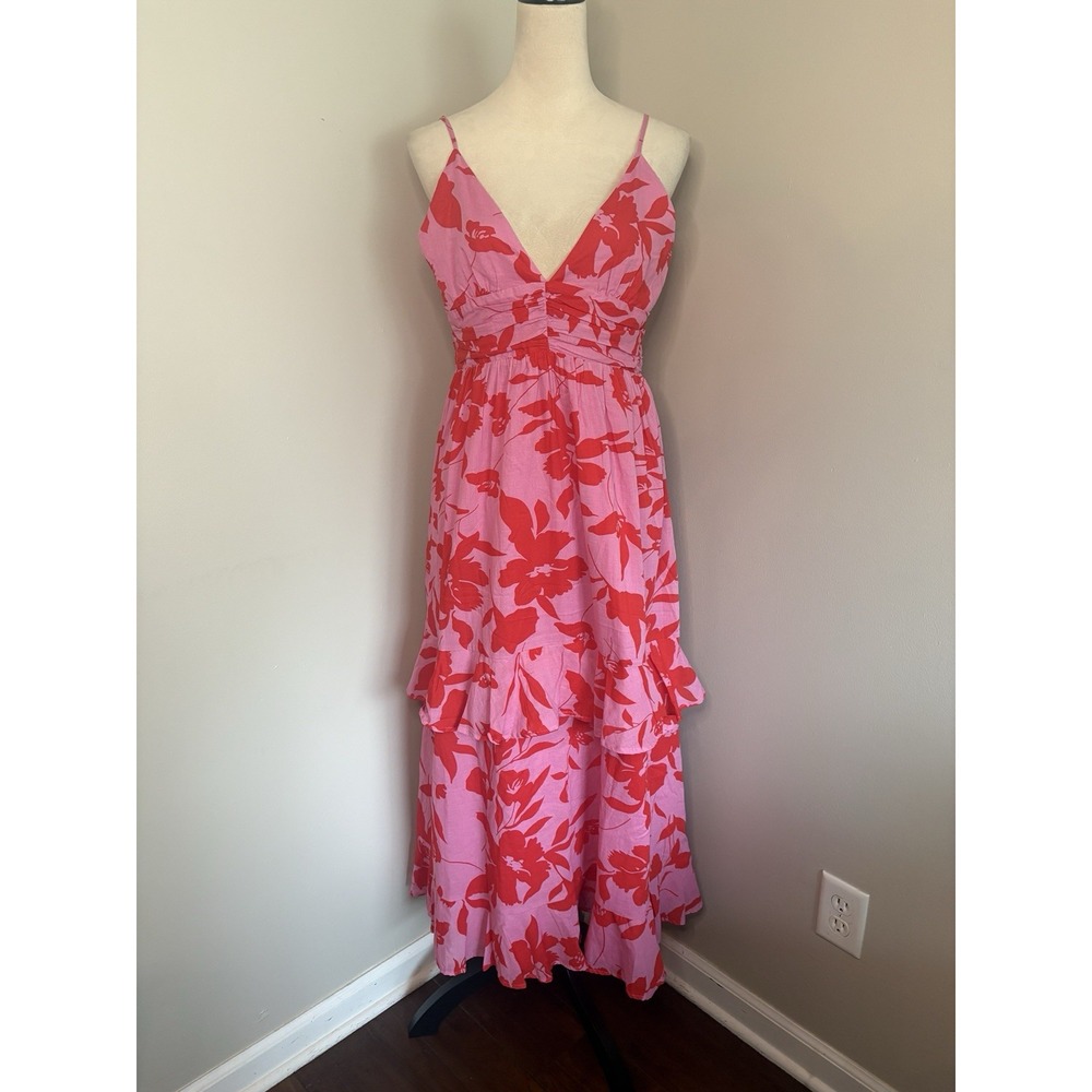 Camellia NWT Floral Maxi Dress Pink Red Floral Tiered Lined 100% Cotton Medium